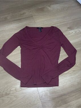 Forever 21 Burgundy Ribbed Long-Sleeve Twist Detail Top